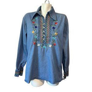 Vtg 70s Sanforized Mens Embroidered Floral Cotton Denim Size 40 Medium Rainbow